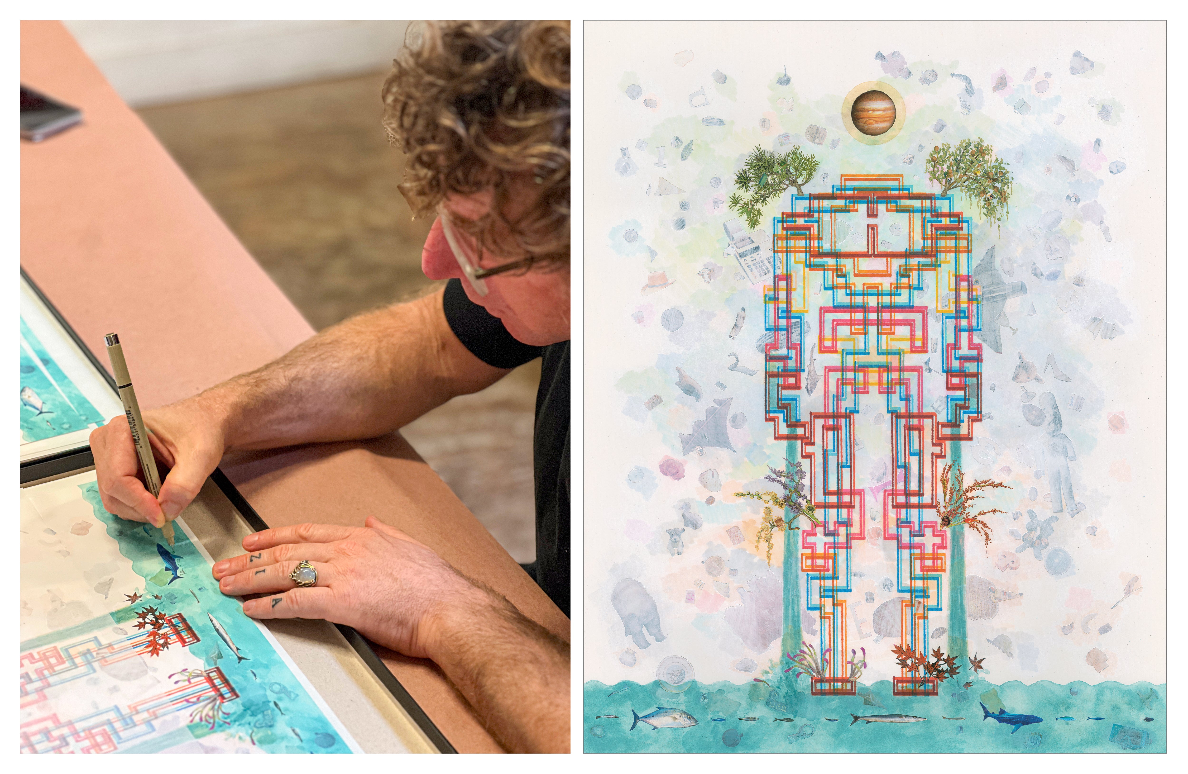 Closeup of Dustin Yellin signing an edition printed at Brooklyn Archival